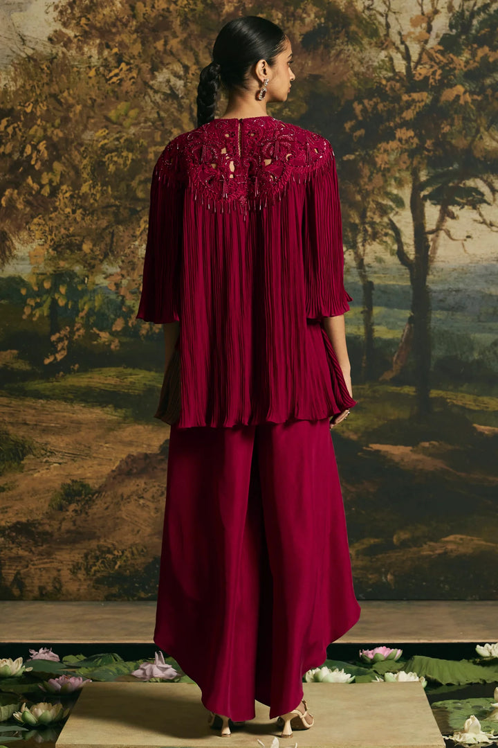 Cherry Red Cutwork Textured Tunic With Tulip Pants