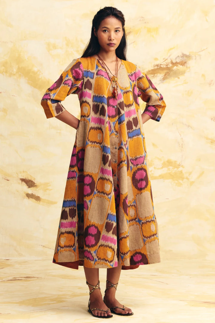 Sunflare Linen Bias Button Dress