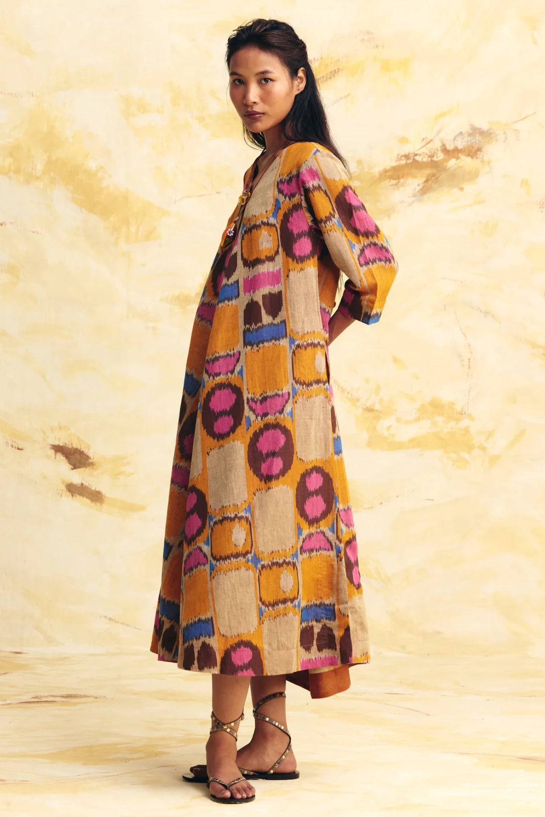 Sunflare Linen Bias Button Dress
