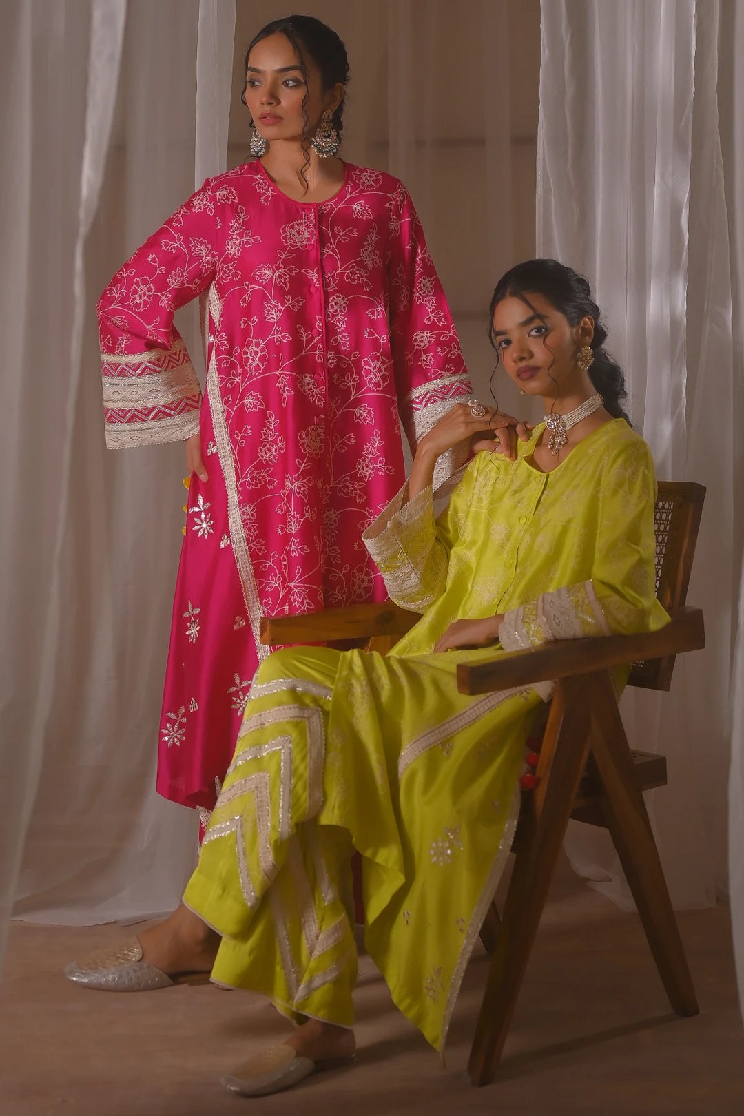 Parrot Green Front Open Kurta Set