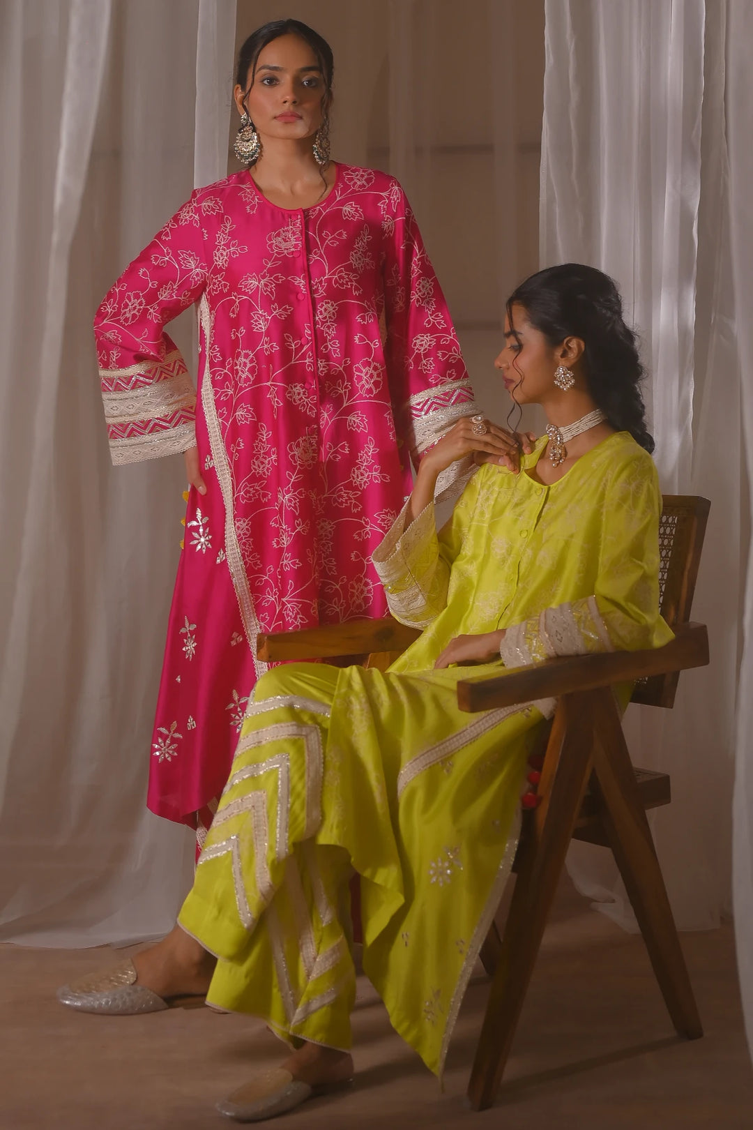 Pink Front Open Kurta Set