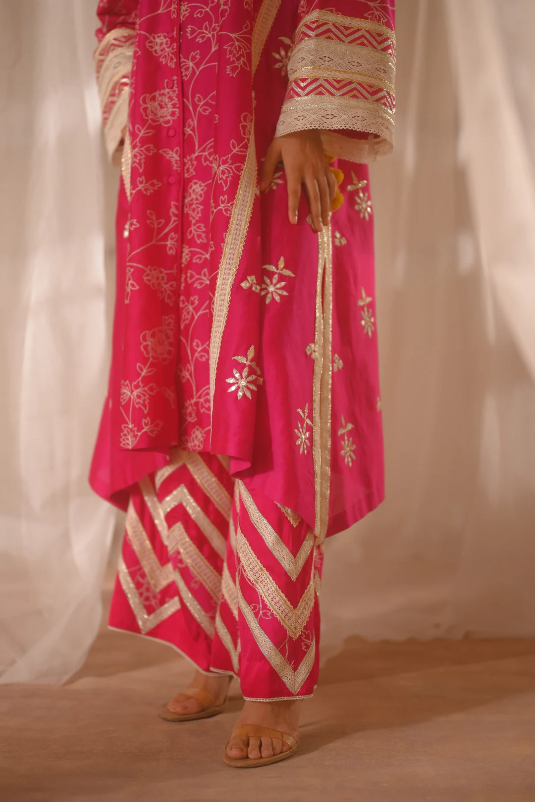Pink Front Open Kurta Set