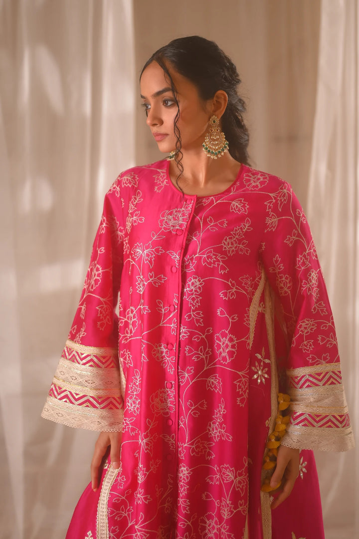 Pink Front Open Kurta Set
