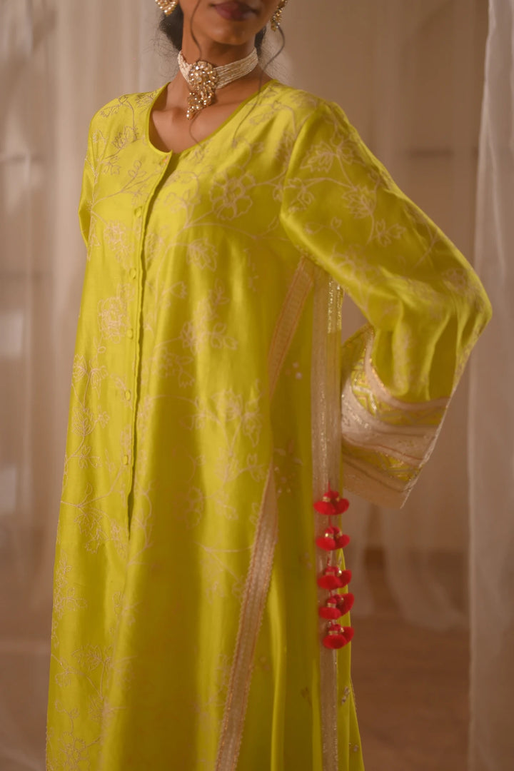 Parrot Green Front Open Kurta Set