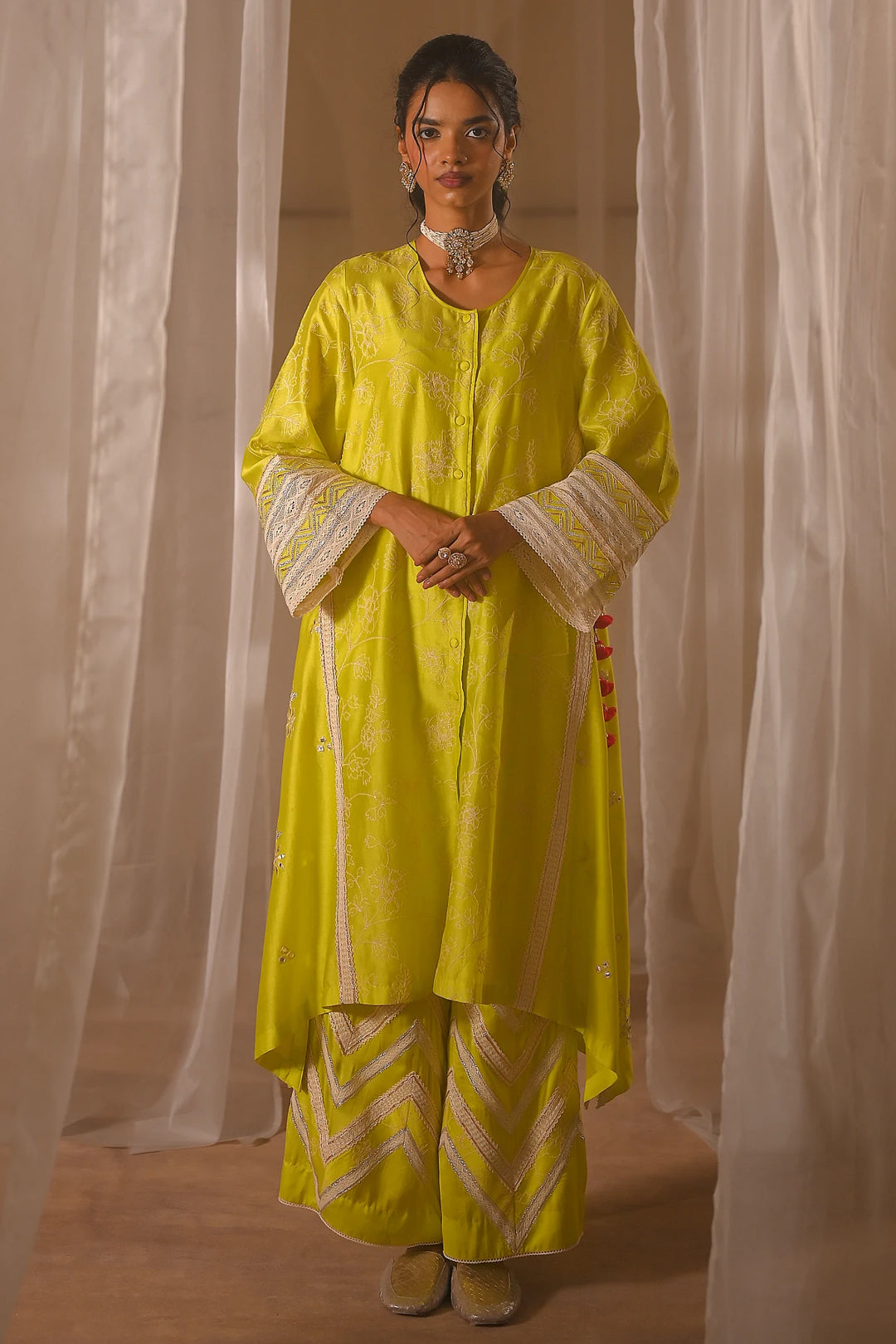 Parrot Green Front Open Kurta Set