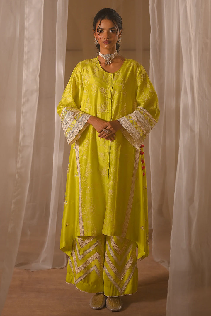 Parrot Green Front Open Kurta Set