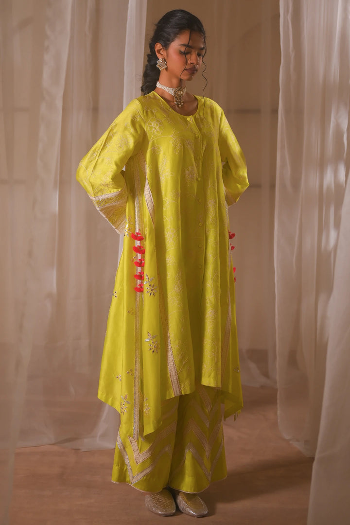 Parrot Green Front Open Kurta Set