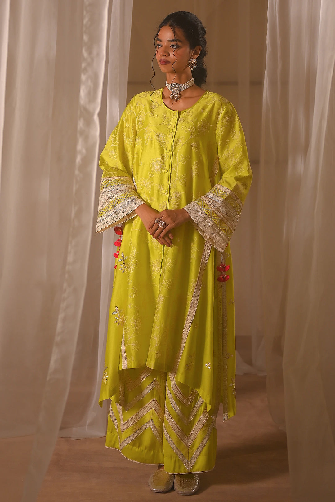 Parrot Green Front Open Kurta Set