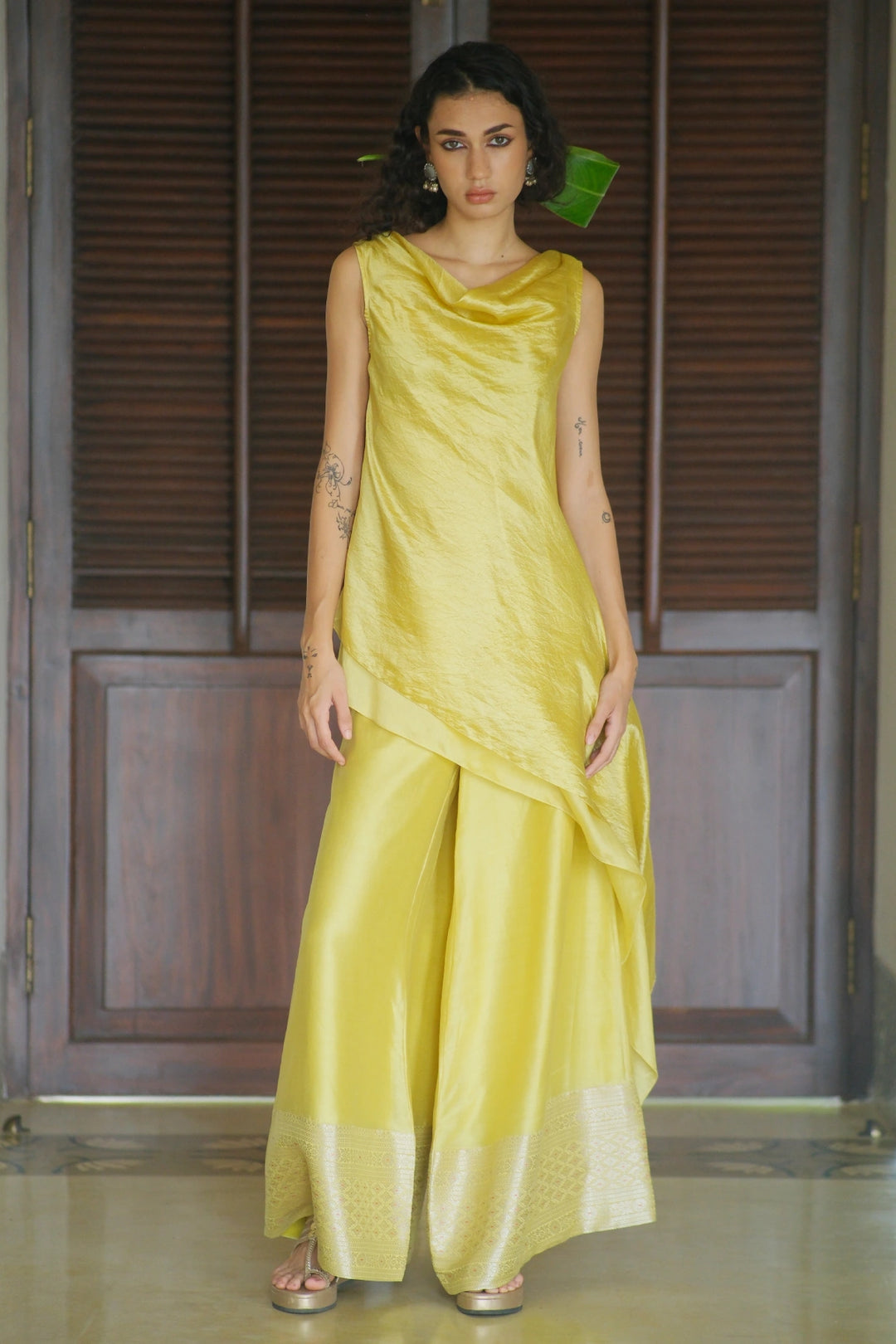 Silk Bias Cowl Neck Kurta W Benerasi Woven Pallazo