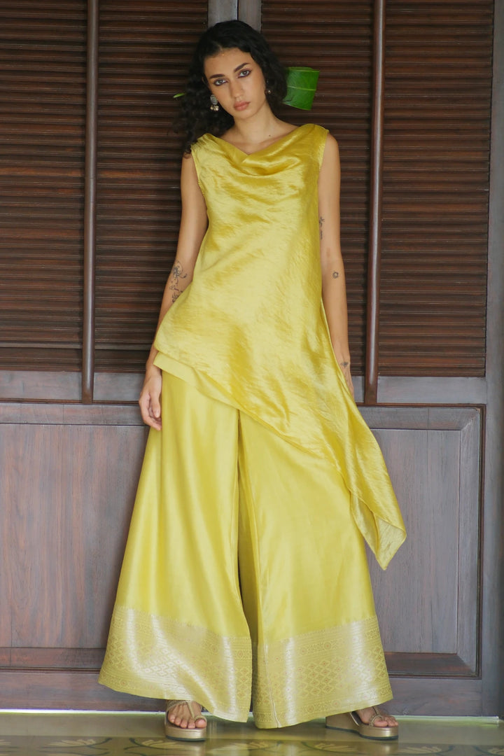 Silk Bias Cowl Neck Kurta W Benerasi Woven Pallazo