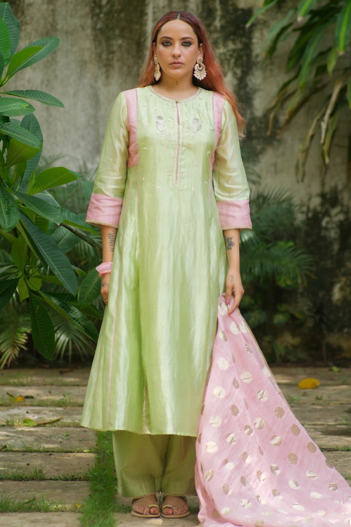 Silk aline kurta w bird handwork W contrast dupatta & matching pants