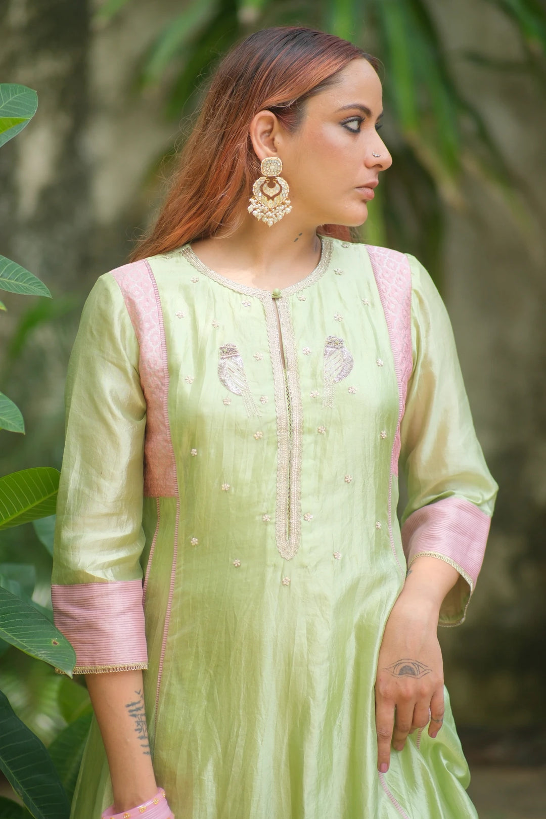 Silk aline kurta w bird handwork W contrast dupatta & matching pants