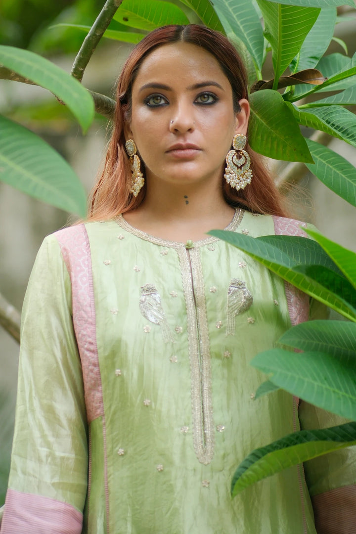 Silk aline kurta w bird handwork W contrast dupatta & matching pants
