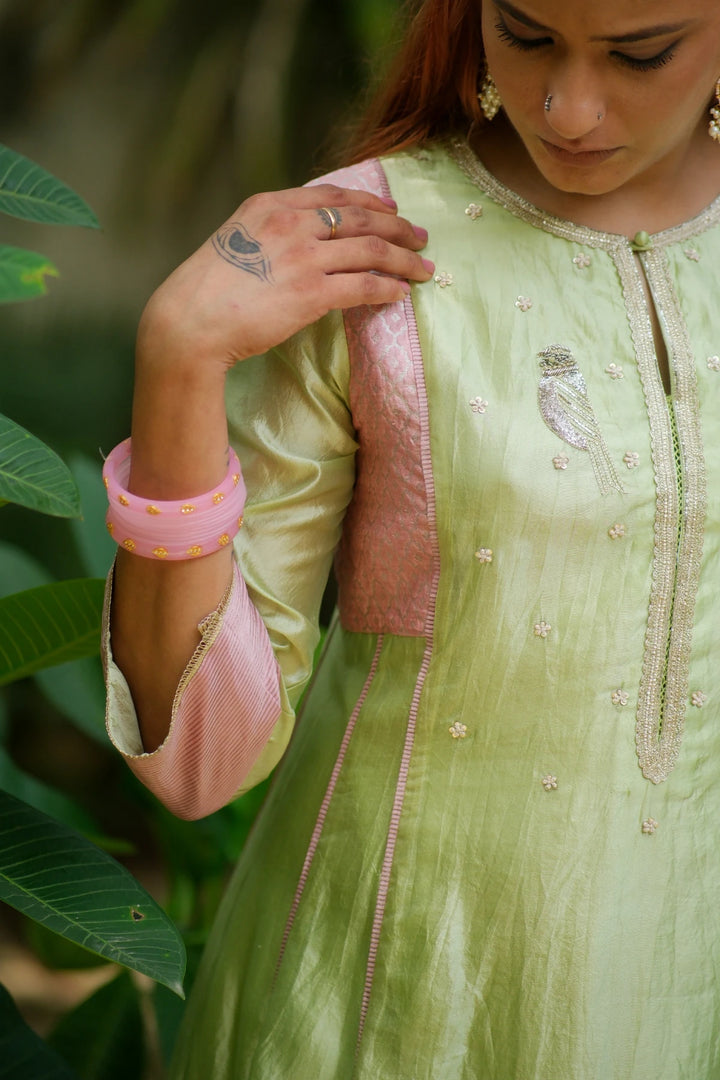 Silk aline kurta w bird handwork W contrast dupatta & matching pants