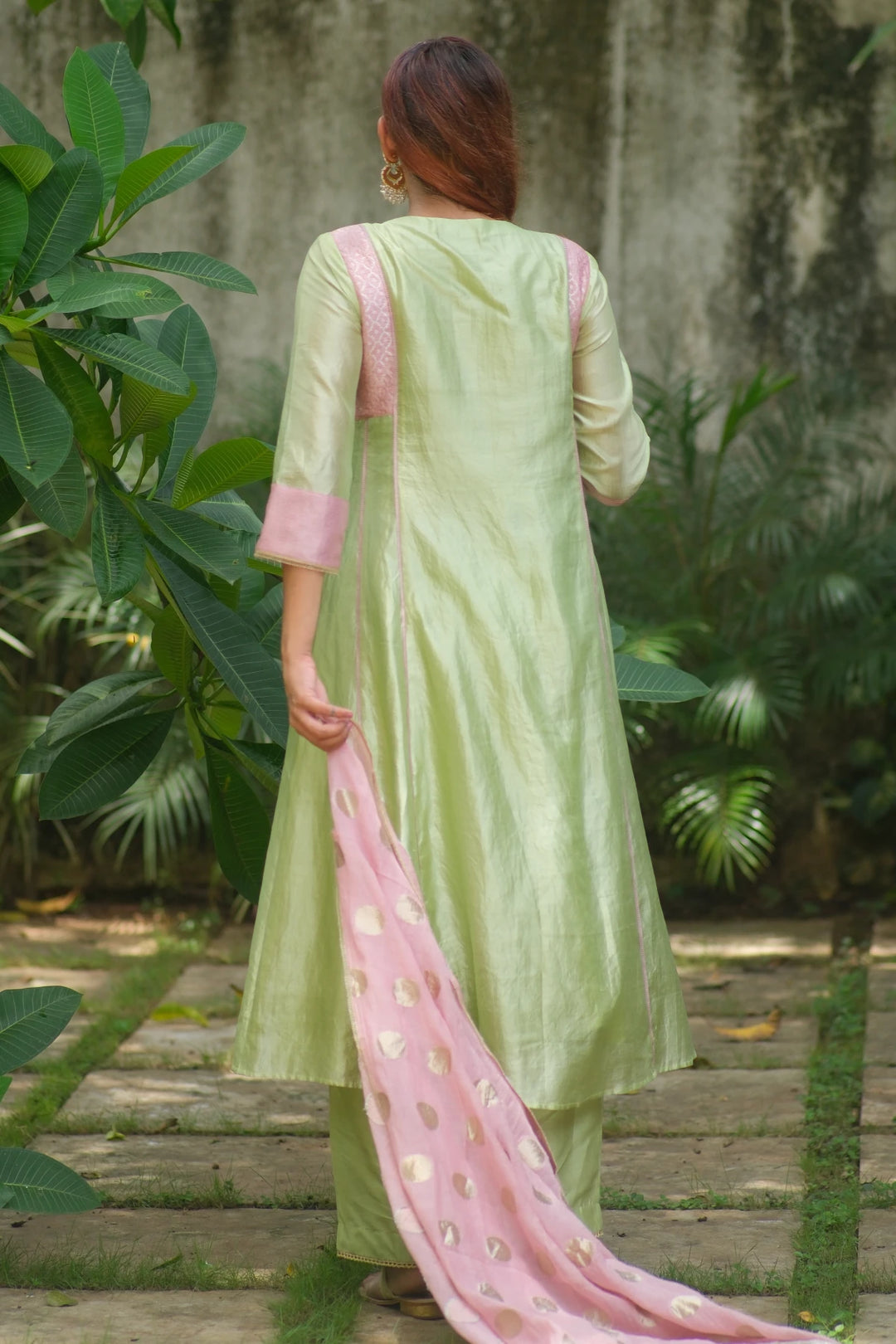 Silk aline kurta w bird handwork W contrast dupatta & matching pants