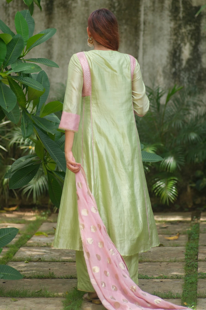 Silk aline kurta w bird handwork W contrast dupatta & matching pants