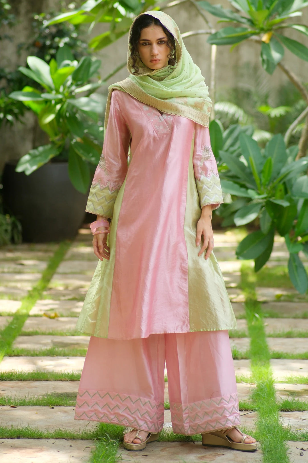 Silk aline kurta W bird handwork on sleeve & brocade V neck W contrast dupatta & matching pants