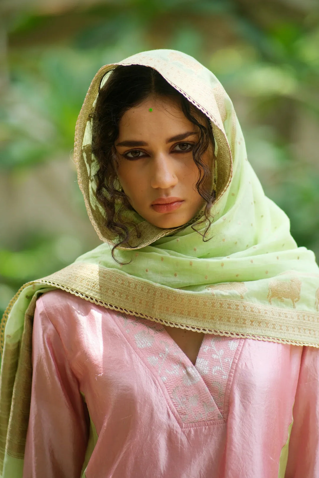 Silk aline kurta W bird handwork on sleeve & brocade V neck W contrast dupatta & matching pants