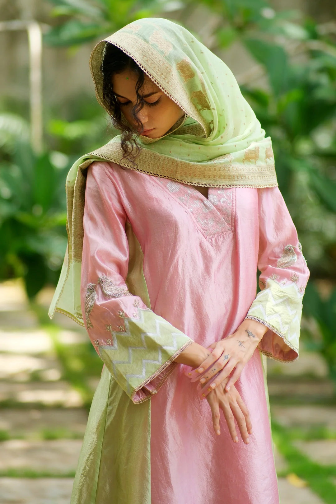 Silk aline kurta W bird handwork on sleeve & brocade V neck W contrast dupatta & matching pants