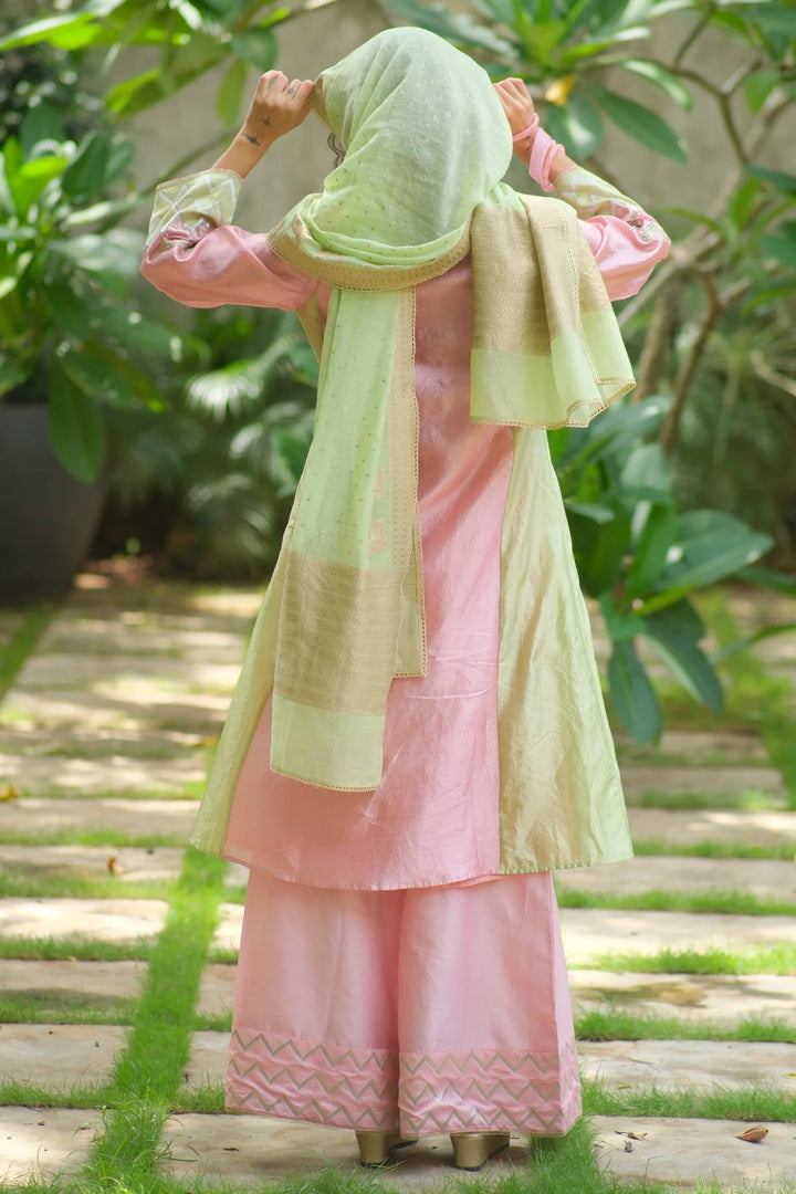 Silk aline kurta W bird handwork on sleeve & brocade V neck W contrast dupatta & matching pants