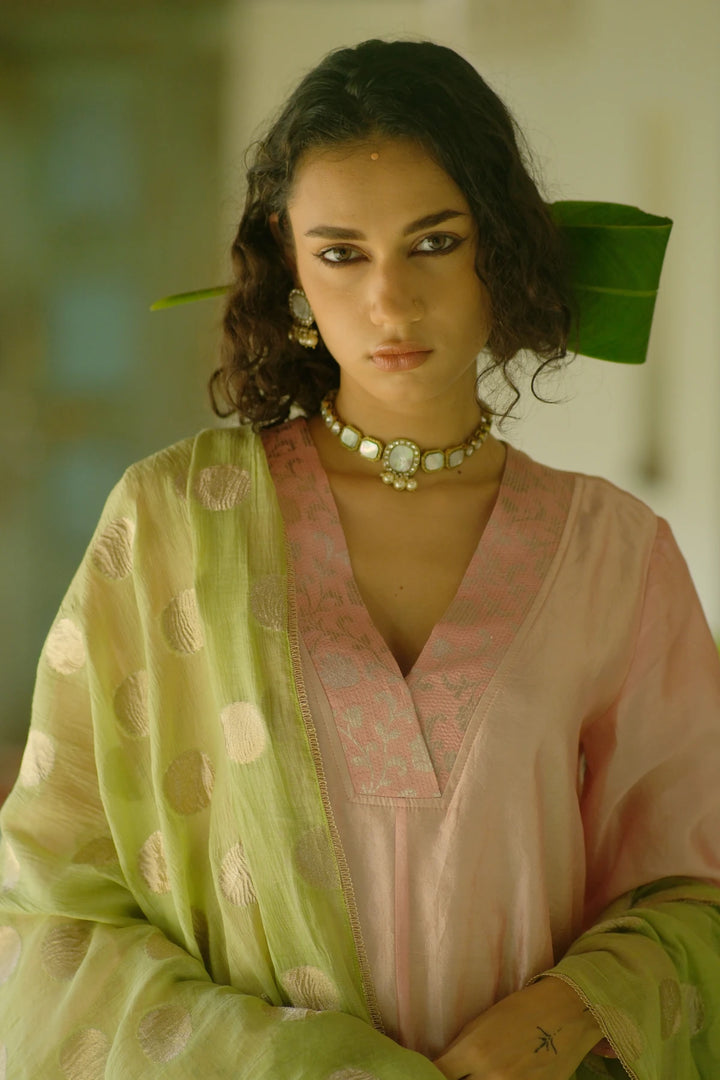 Double layer kurta W sleeve emb W contrast dupatta & matching pants