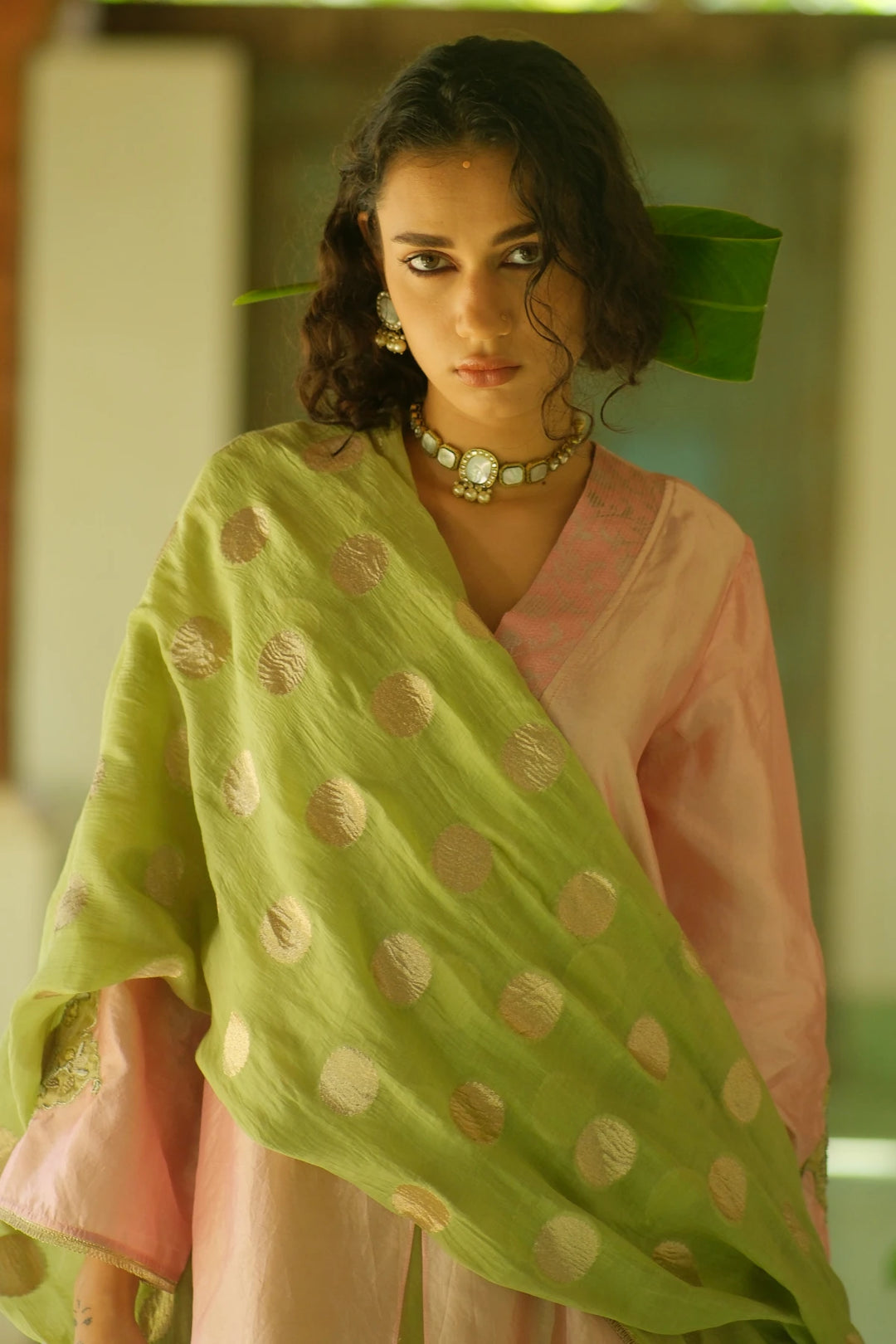 Double layer kurta W sleeve emb W contrast dupatta & matching pants