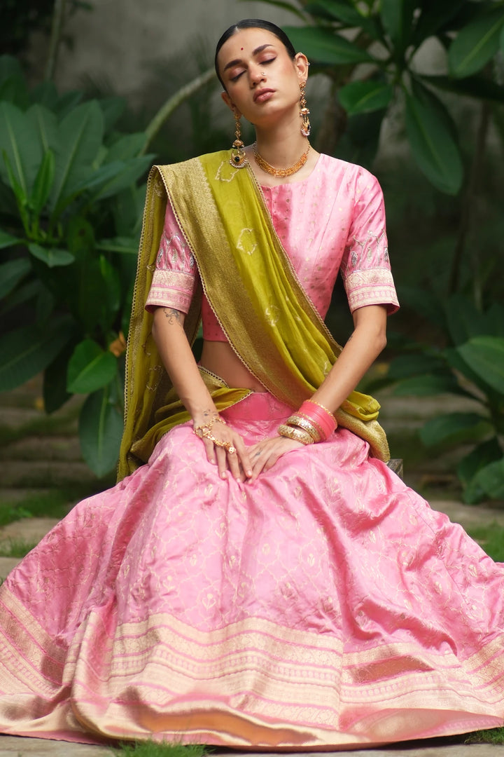 Brocade choli W sleeve emb W benerasi lehenga & contrast dupatta