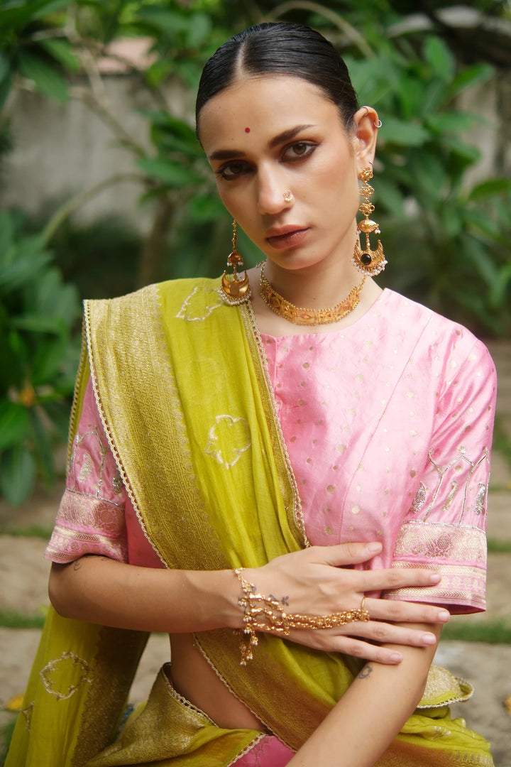 Brocade choli W sleeve emb W benerasi lehenga & contrast dupatta