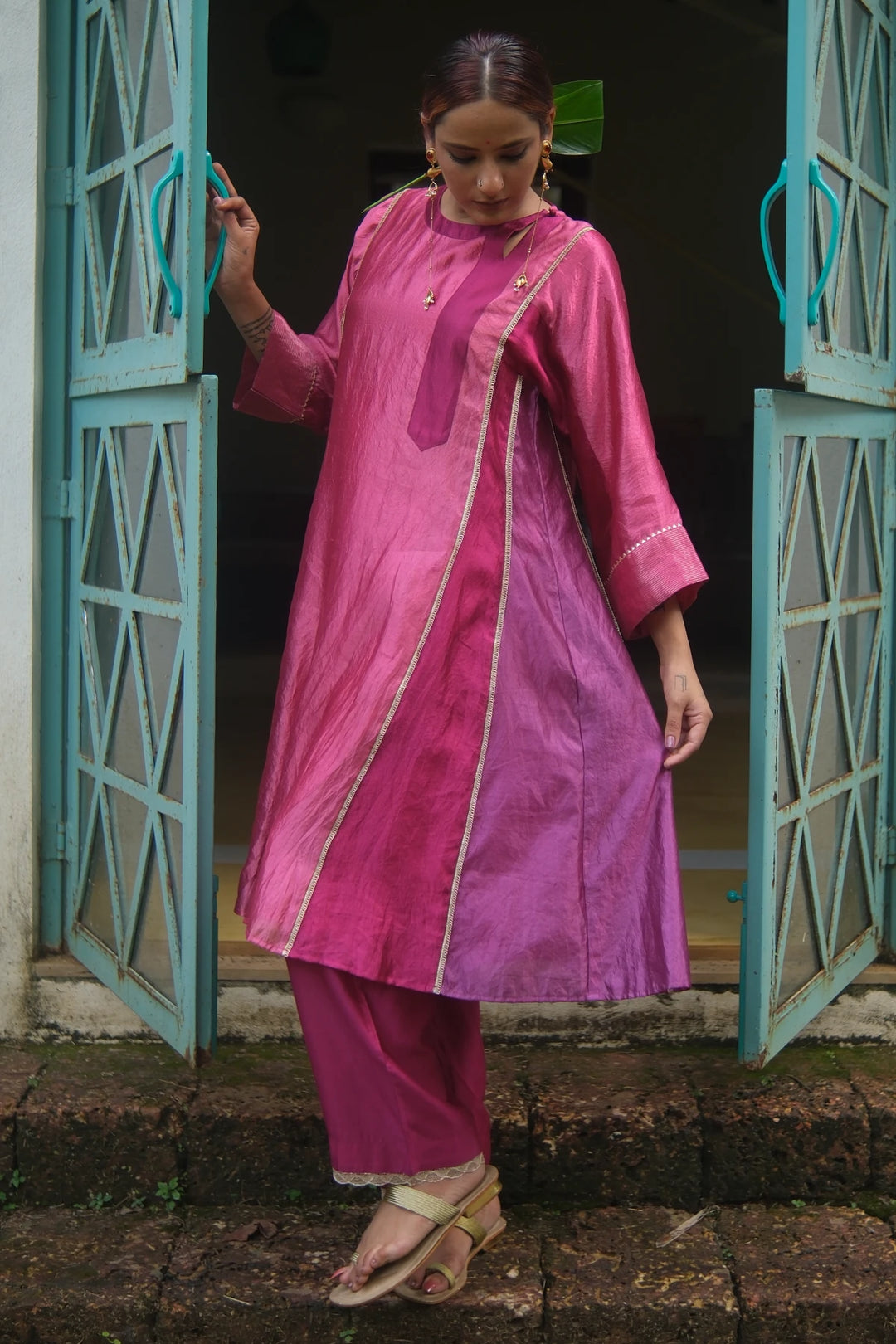 Patchwork silk kurta W assymetric placket & matching pants