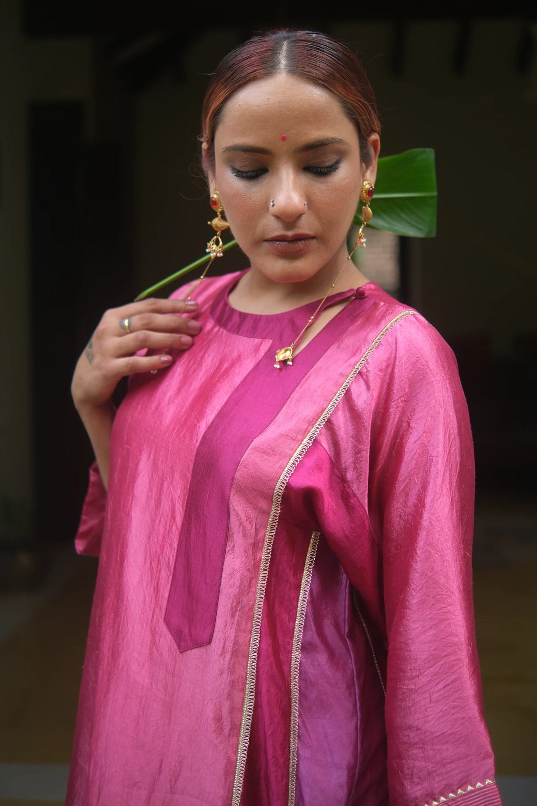 Patchwork silk kurta W assymetric placket & matching pants
