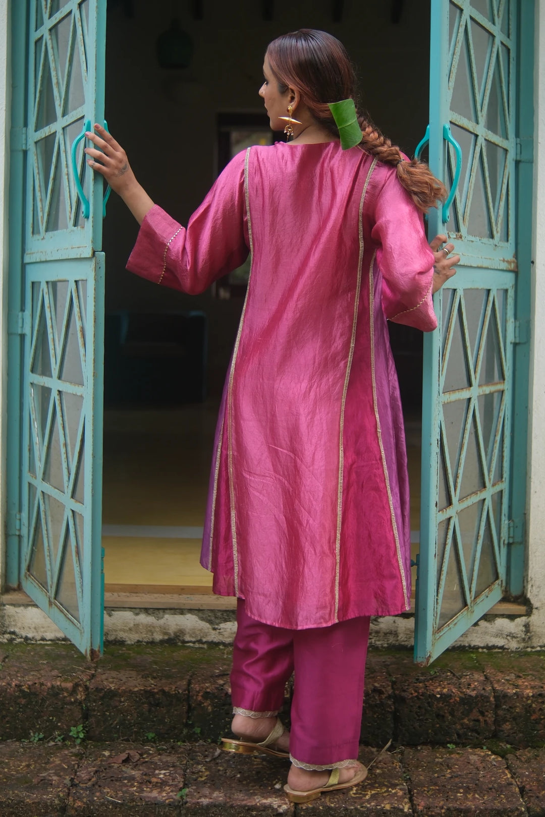 Patchwork silk kurta W assymetric placket & matching pants