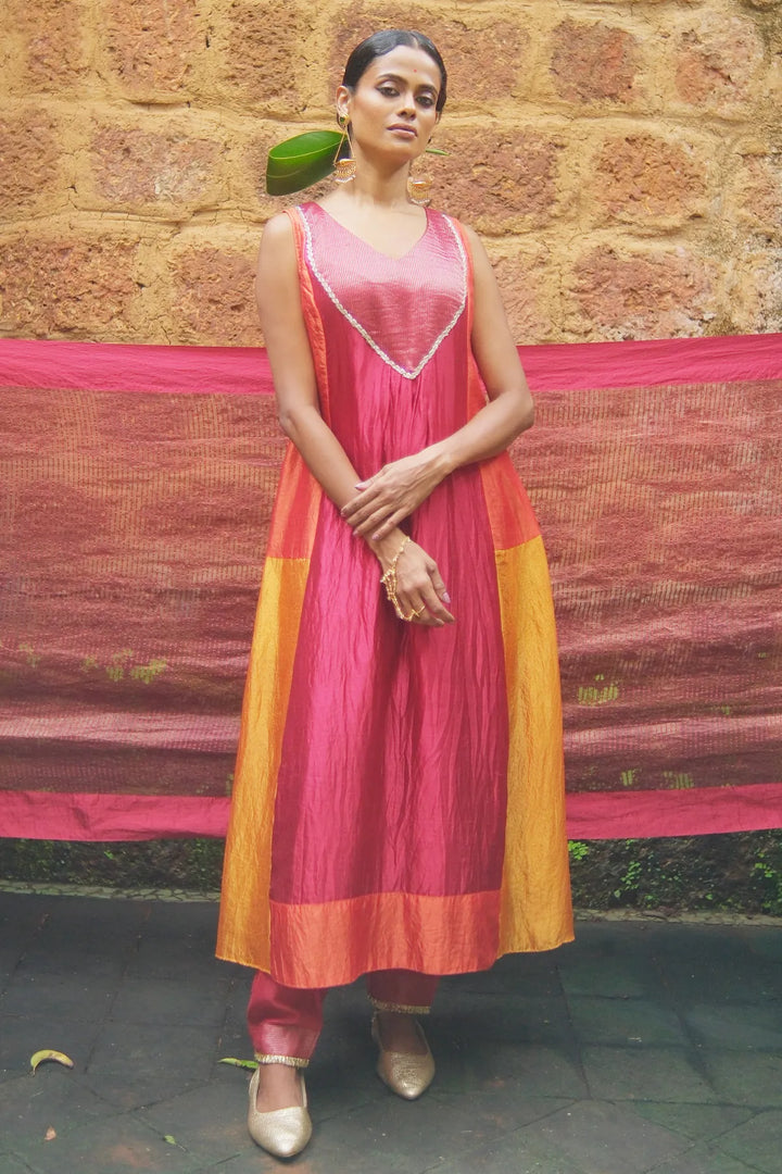 Silk patchwork kurta W pants & tissue dupatta