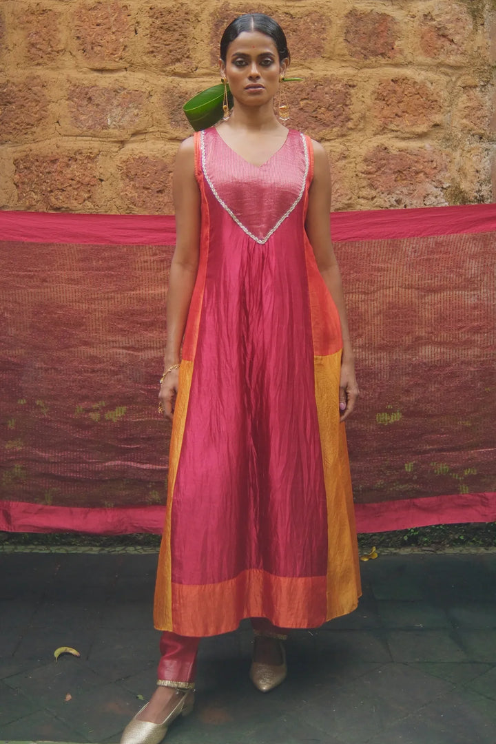 Silk patchwork kurta W pants & tissue dupatta