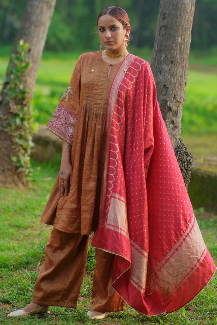Tissue kurta W sleeve handwork W contrast silk temple dupatta & matching pants
