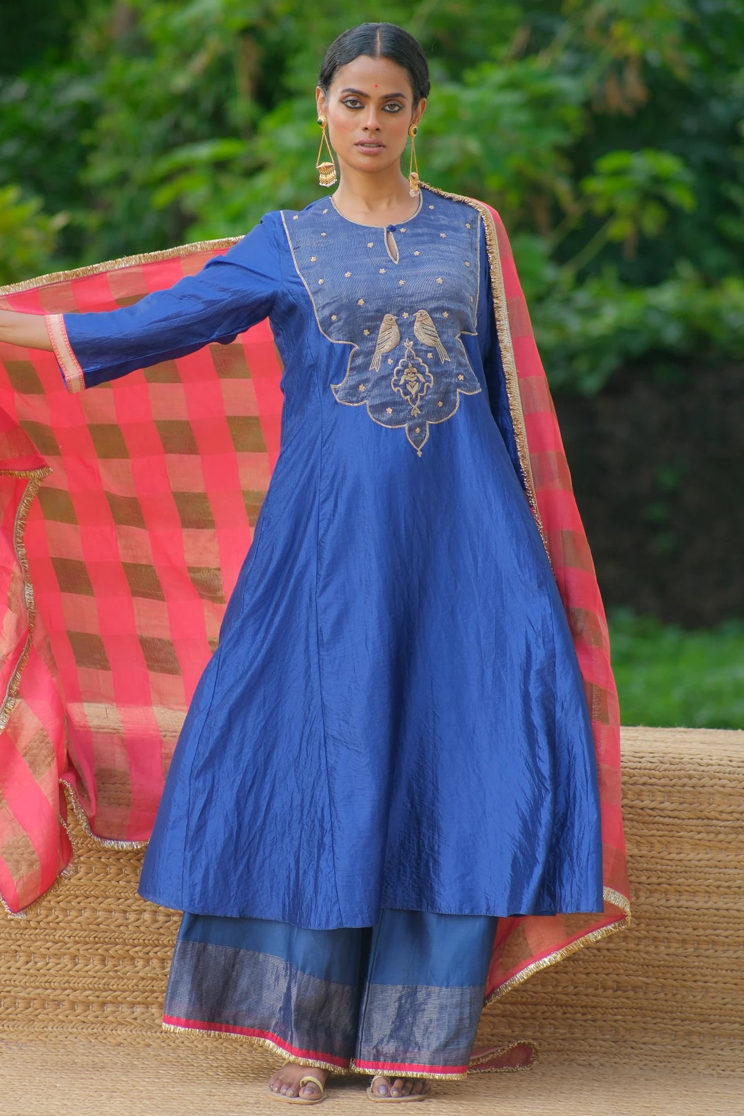Silk kurta W bird handwork and temple yoke W contrast checks dupatta & matching pants