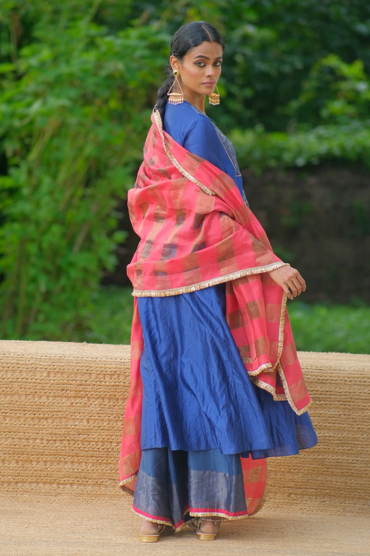 Silk kurta W bird handwork and temple yoke W contrast checks dupatta & matching pants