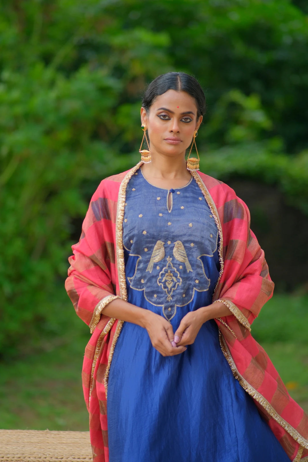 Brocade kurta W temple handwork on sleeve W contrast dupatta & matching pants