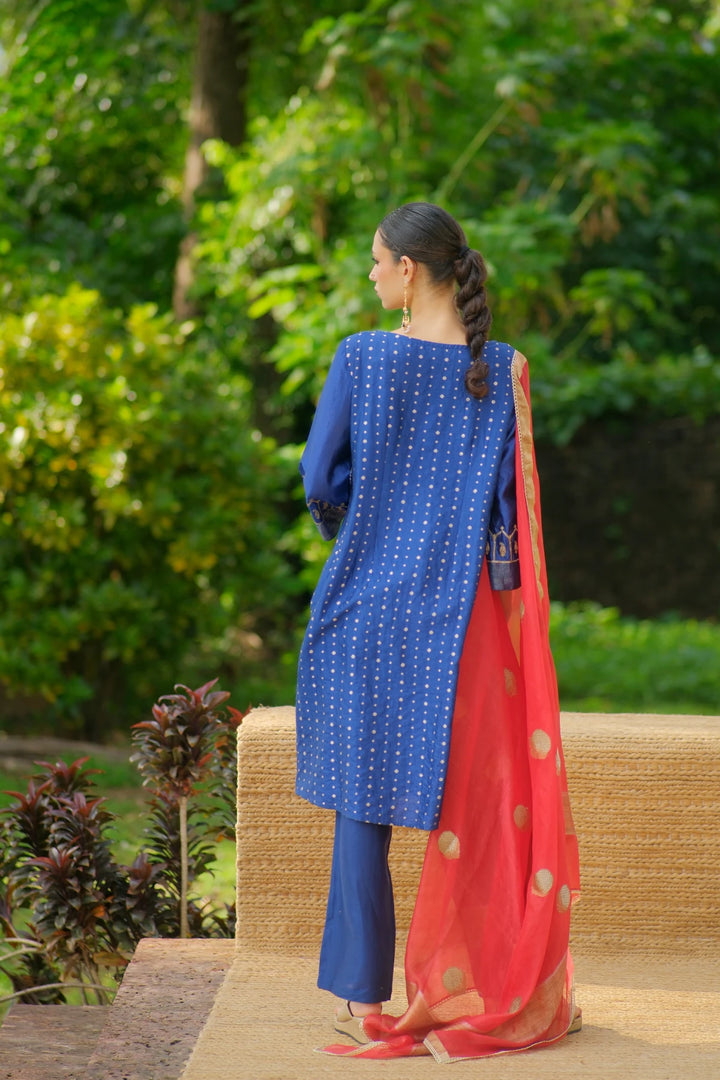 Brocade kurta W temple handwork on sleeve W contrast dupatta & matching pants