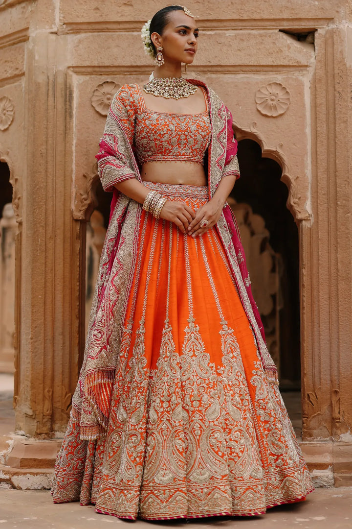 Nagma  - Orange Lehenga Set with Blouse & Hot Pink Dupatta