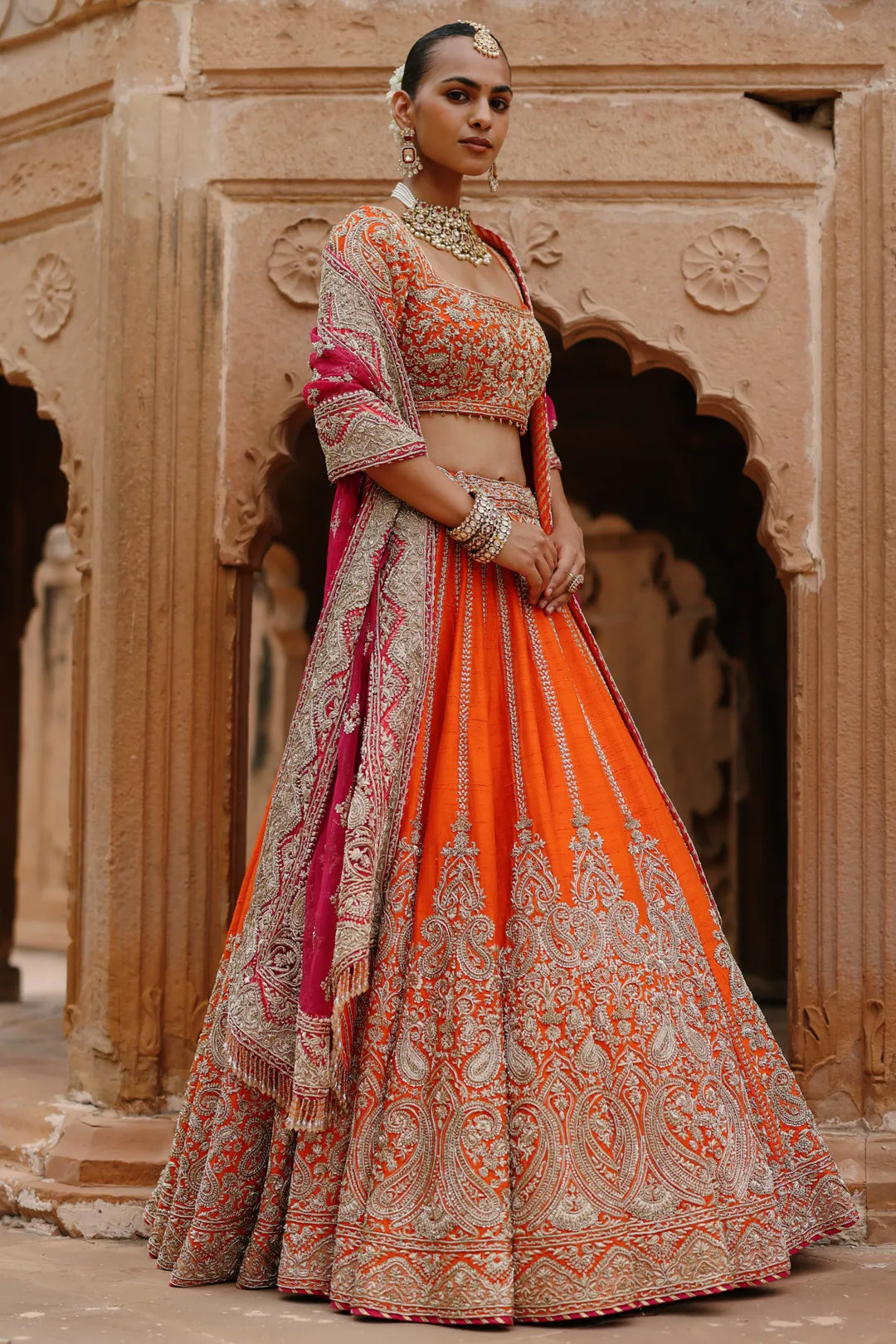 Nagma  - Orange Lehenga Set with Blouse & Hot Pink Dupatta
