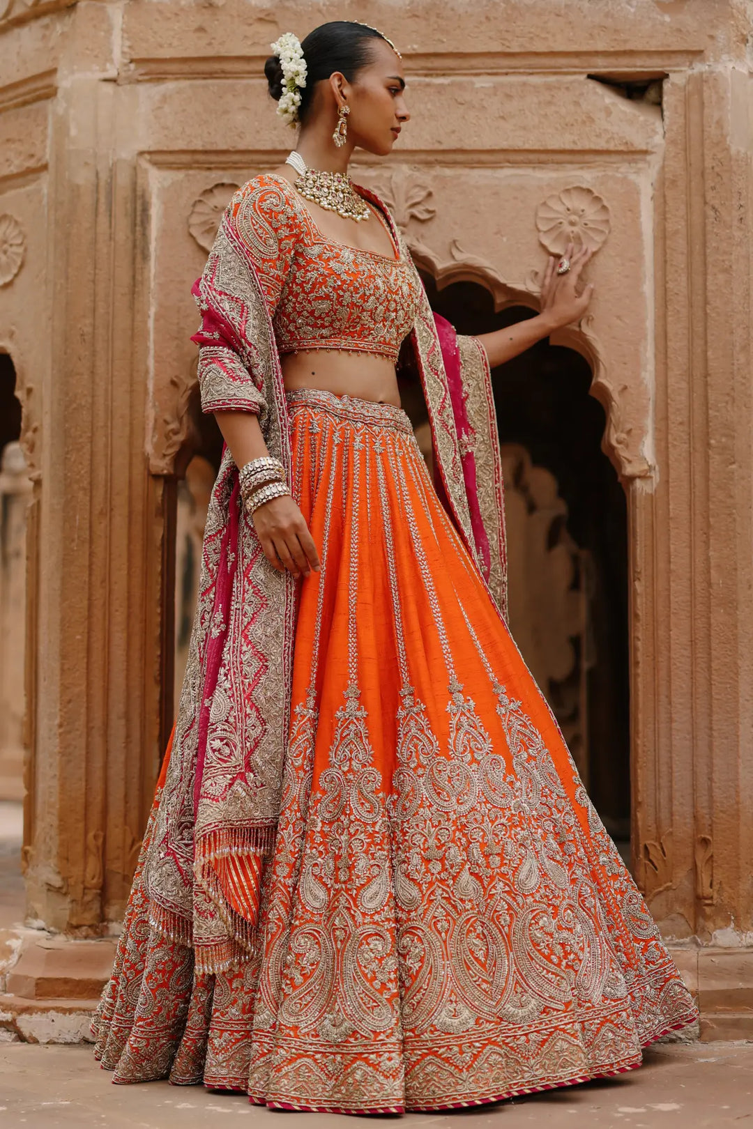Nagma  - Orange Lehenga Set with Blouse & Hot Pink Dupatta