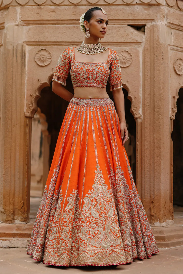 Nagma  - Orange Lehenga Set with Blouse & Hot Pink Dupatta