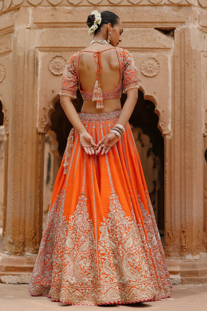 Nagma  - Orange Lehenga Set with Blouse & Hot Pink Dupatta