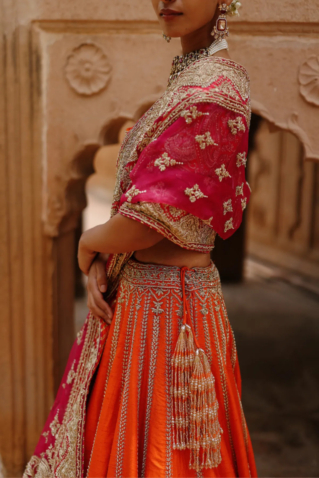 Nagma  - Orange Lehenga Set with Blouse & Hot Pink Dupatta