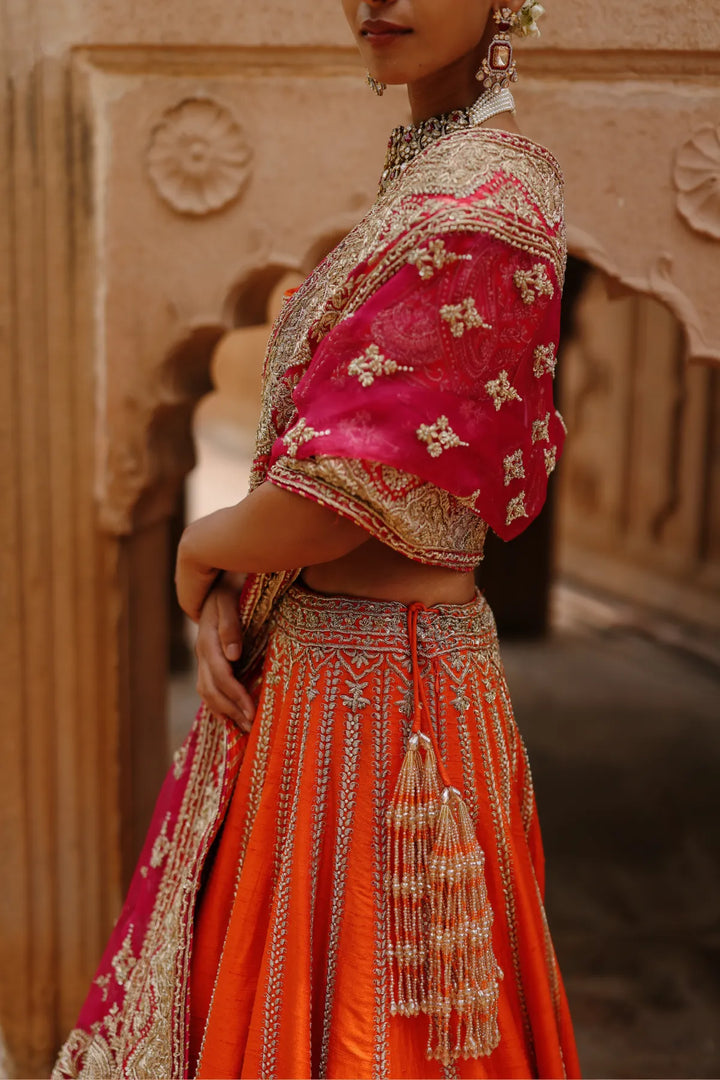 Nagma  - Orange Lehenga Set with Blouse & Hot Pink Dupatta