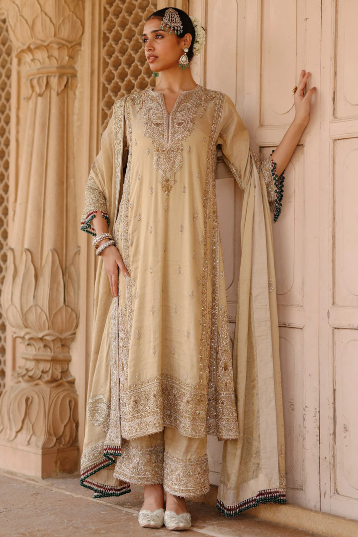 Nazaara - Gold Tissue Long Kalidaar Chauga Set with Palazzo & Dupatta