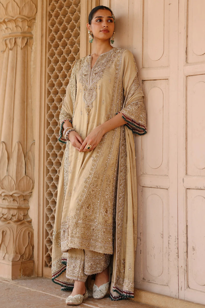 Nazaara - Gold Tissue Long Kalidaar Chauga Set with Palazzo & Dupatta