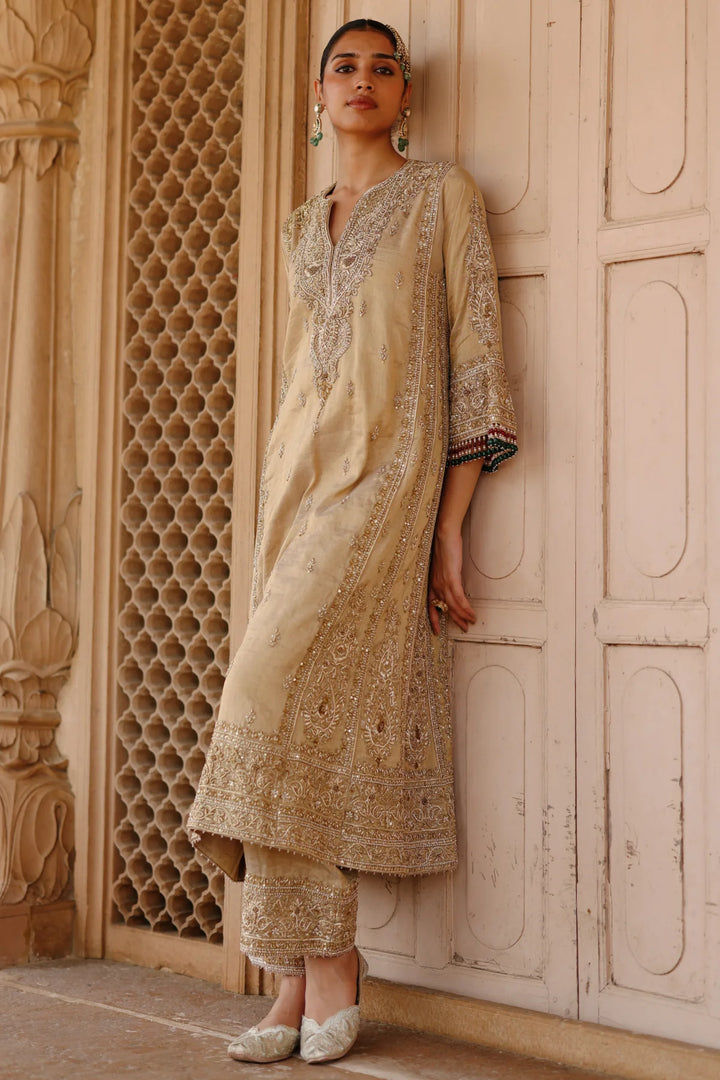 Nazaara - Gold Tissue Long Kalidaar Chauga Set with Palazzo & Dupatta