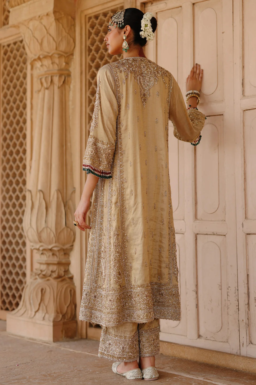 Nazaara - Gold Tissue Long Kalidaar Chauga Set with Palazzo & Dupatta