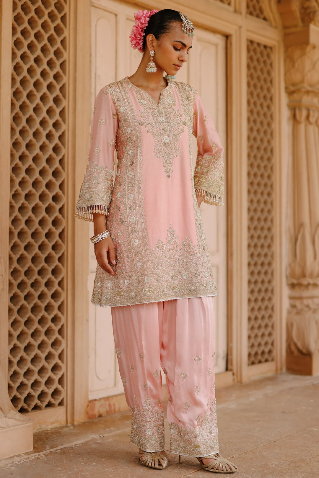 Elaya - Pink Short Kurta Set with Matching Salwar & Dupatta